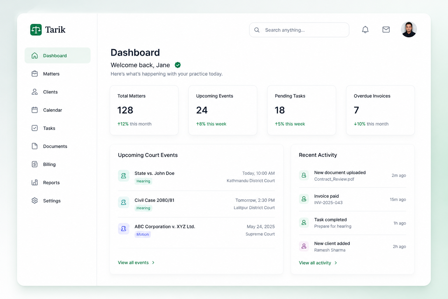Tarik legal practice management dashboard showing open matters, upcoming hearings, a calendar and billing